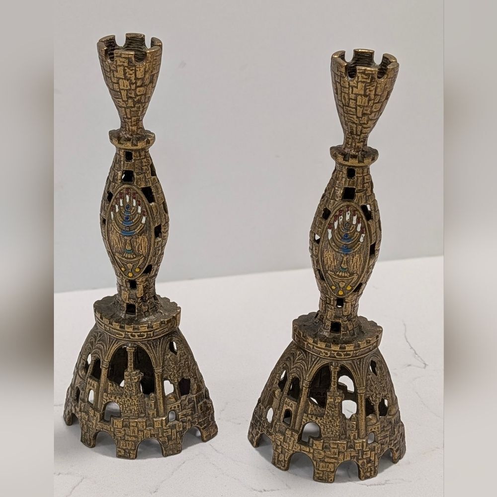 Vintage TAMAR Israel Judaica Castle Shabbat Candlesticks Pair Menorah Jerusalem